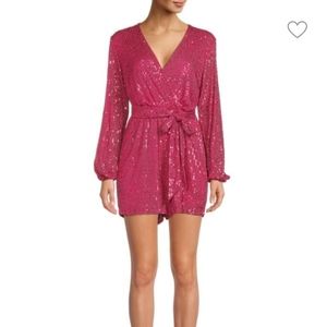 BCBG Sequin Wrap Romper, size S, color deep pink.